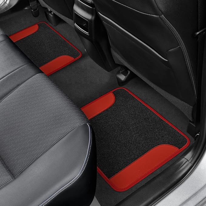 BDK Carpet Floor Mats for Cars, Two-Tone Carpet Car Mat with Faux Leather Accents, Automotive Floor Mat Sets with Built-in Heel Pad, Stylish Interior Car Accessories Red