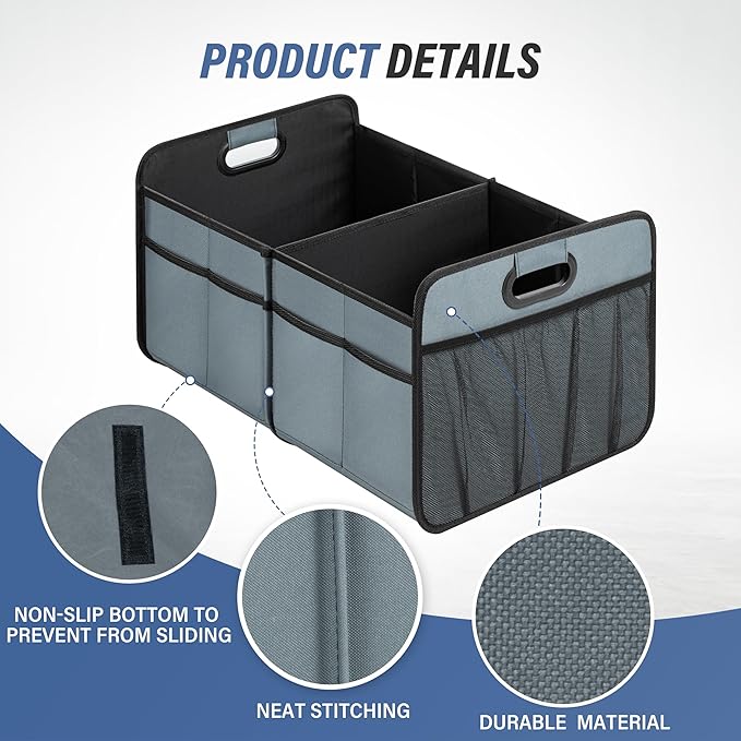 Simple Deluxe Car Trunk Organizer, 2 Compartments Collapsible Trunk Storage for SUV & Truck, Anti-slip Design, Made of Waterproof 600D Oxford Polyester, Standard Size, Grey-Green