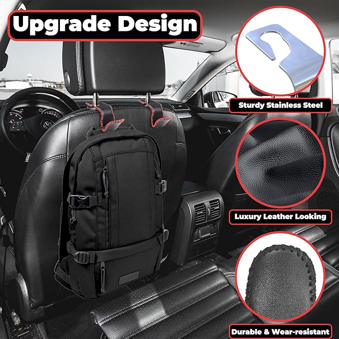 2Pcs Car Seat Headrest Hooks, Back Seat Purse Leather Hanger Holder Hook, Magnetic Storage Organizer for Purses Handbag Grocery Bags Coats