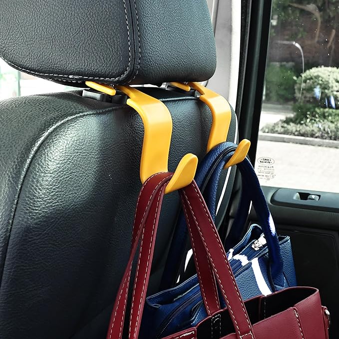 Amooca Car Seat Headrest Hook 4 Pack Hanger Universal Vehicle Car Storage Organizer for Handbag Purse Coat S Type Yellow
