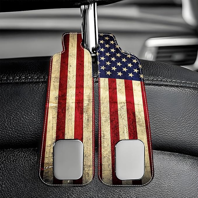 AEWNUNK Purse Hook for Car Vintage American Flag 1 Pack Headrest Back Seat Hook Premium Leather Double Metal Hanger Storage Pack Bag Purse Holder Car Interior Accessories