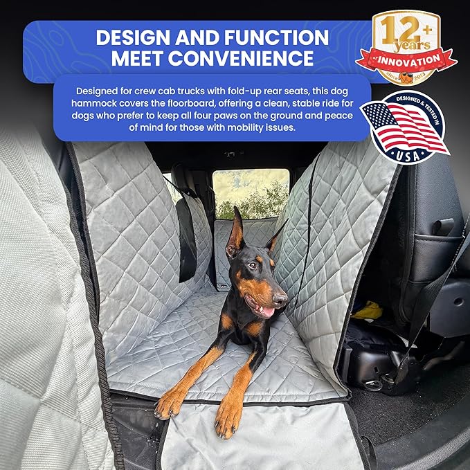 4Knines Dog Floor Hammock for Truck & Crew Cab with Fold Up Seats – Back Seat Pet Cover for Dogs – Compatible with Ram and Nissan Full Size Trucks (Driver Side Split, Grey)