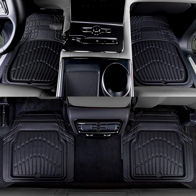 CAR PASS Leather Car Floor Mats -3D Waterproof All Weather Season, Universal Trim to Fit & Anti-Slip Burr Bottom Safety & Light Easy Clean Install for SUV Truck Auto & Durable Luxury (Black)