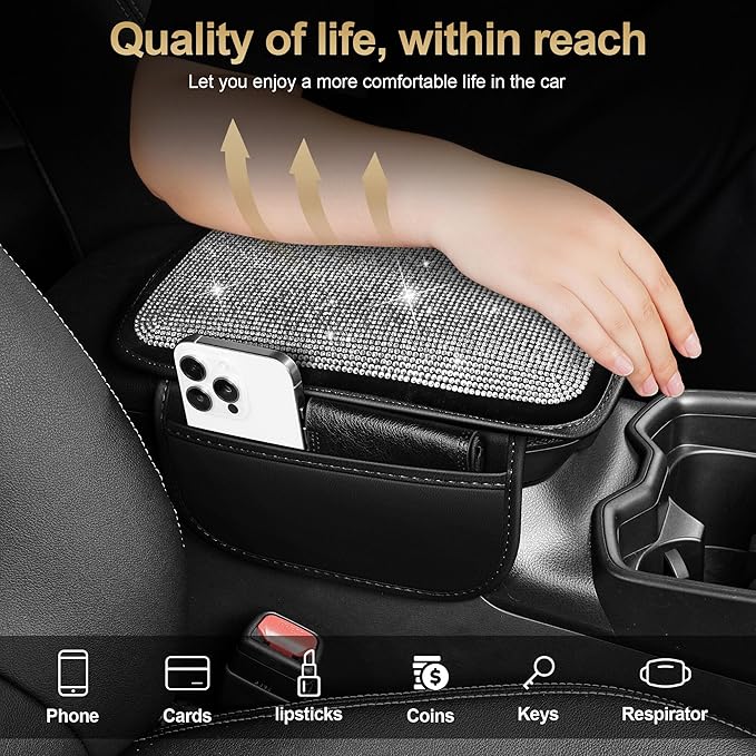 Center Console Cover Fit for Civic: Upgraded Diamond Auto Middle Console Cover - Crystal Rhinestone Armrest Cover for Car with 2 Storage Bags,Anti-Scratch Auto Armrest Pad Accessory （Black