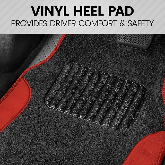 BDK Carpet Floor Mats for Cars, Two-Tone Carpet Car Mat with Faux Leather Accents, Automotive Floor Mat Sets with Built-in Heel Pad, Stylish Interior Car Accessories Red