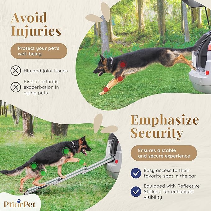 Dog Ramp for Car - Stable Anti-Slip Dog Car Ramp for Large Dogs - 63" Long & 15" Wide - 250LBS Capacity - Telescoping Pet Ramp - Lightweight - Reflective Sides - Fixing Clip - Forest Green