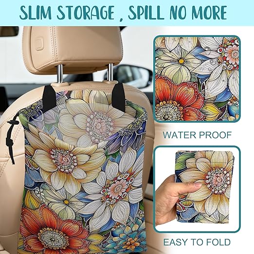 KXWQTRDD Car Garbage Bag Bright Yellow White and Blue Floral Hanging Canvas Car Trash Bag Drawstring Car Back Seat Organizer for Car Back Front Seat Console with Adjustable Buckle