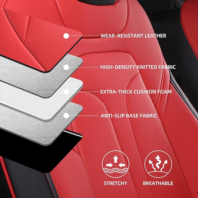 OURPLOT Custom Fit Seat Covers for 2020-2024 Tesla Model Y (5-Seater), Waterproof Nappa Leather, OEM Factory Style Full Set Car Seat Protectors Airbag Compatible - Red