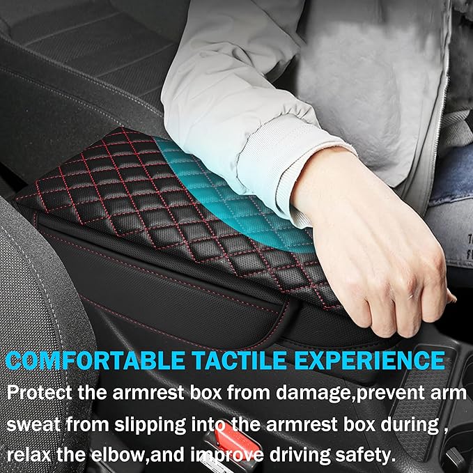 1.2in Thickness Center Console Cover for Honda CRV Accessories 2023 2024 2025 2026 Middle Console Cover Leather Armrest Box Lid Protector Cushion Pad with Pockets Interior (Red Stitch)