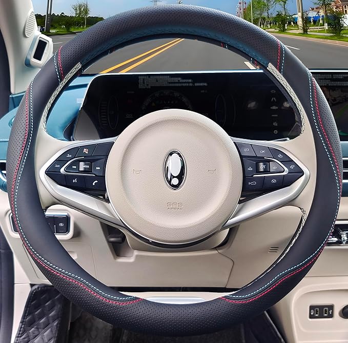 Universal Car Microfiber Leather Steering Wheel Cover Anti-Slip for 14.5"-15" (Black-Gray)