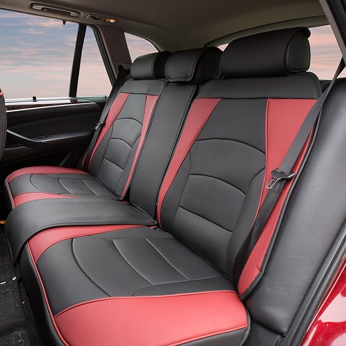 FH Group Back Seat Faux Leather Car Seat Cover, Universal Fit, Rear Seat Covers for Cars with Rear Split Bench, Car Interior Accessories for SUV, Sedan, Van, Burgundy/Black