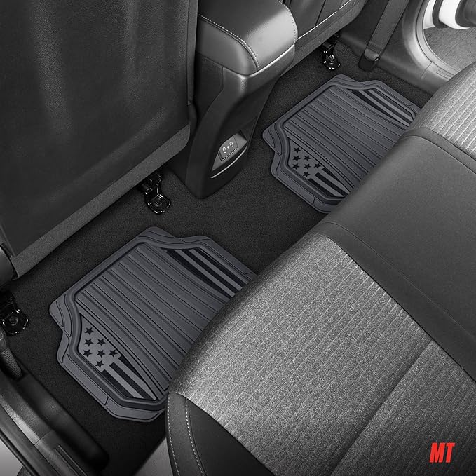 MotorTrend Black Flag Rubber Floor Mats – All Weather Car Mats with American Flag Stars & Stripes Design, Heavy-Duty Automotive Floor Mats for Cars, SUVs & Trucks Grey/Black