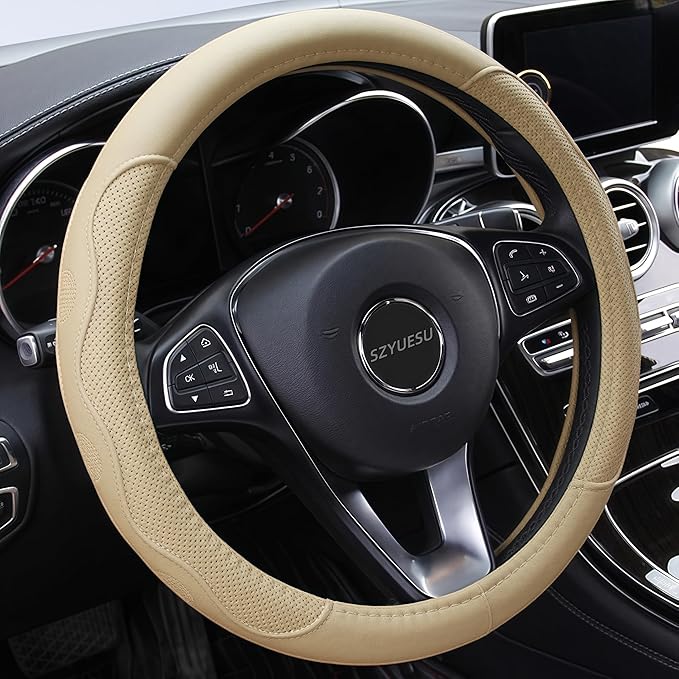 Leather Car Steering Wheel Cover with Anti-Slip Lining Universal 14.5-15 Inch (37-38 cm) Auto Microfiber Protector, Car Accessories for Most Cars, SUVs | Beige