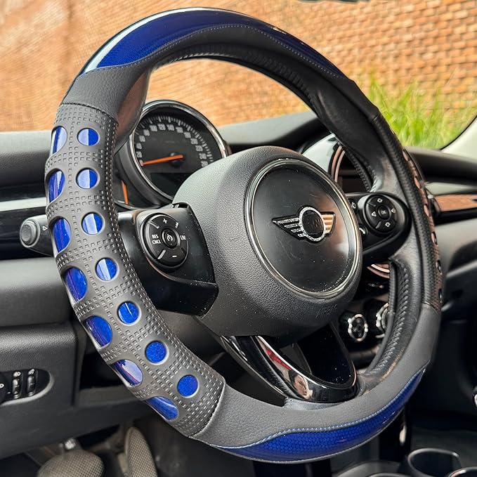 PINCTROT Race Grip Steering Wheel Cover, Anti-Slip Silicone Perforated Design with Soft Touch Padding, Enhanced Grip for Sporty Driving, Universal 14.5-15 Inch (Racing Blue)