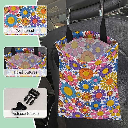 NHNXHWIA Groovy Flower Car Trash Bag,Retro Daisy Hanging Drawstring Car Garbage Bag,Waterproof Canvas Car Back Seat Organizer with Adjustable Buckle,for Vehicles,SUVs,Camping,Road Trips