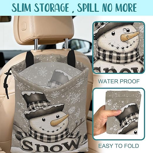KXWQTRDD Car Garbage Bag Cute Snowman Falling Snowflakes Hanging Canvas Car Trash Bag Drawstring Car Back Seat Organizer for Car Back Front Seat Console with Adjustable Buckle