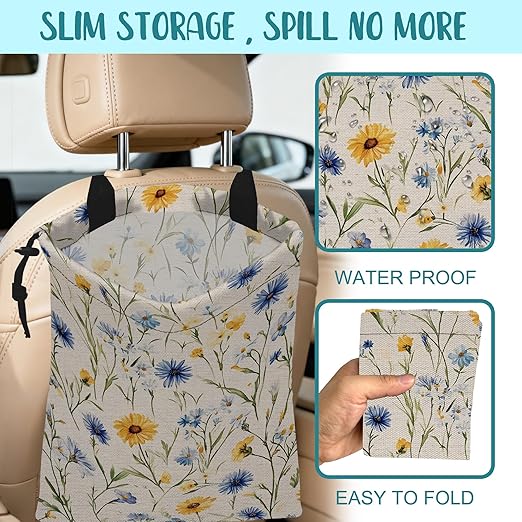 KXWQTRDD Car Garbage Bag Abstract Blue and Yellow Flowers Hanging Canvas Car Trash Bag Drawstring Car Back Seat Organizer for Car Back Front Seat Console with Adjustable Buckle