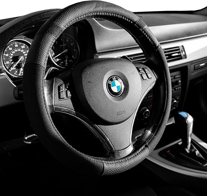 Gorla Gear Black Leather Neoprene Steering Wheel Cover Women Men, Easy Fast Installation, Universal Fit 14.5 15 15.5 Inch, Anti-Slip Safer Grip Car Accessories for Automobile Truck SUV Van