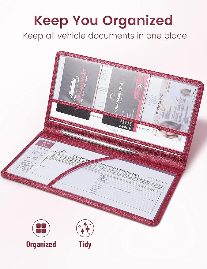 Yarnic Car Registration and Insurance Holder, Pu Leather Car Document Holder Registration and Insurance Card Holder Vehicle Glove Box Car Organizer with Magnetic Closure for Women Men (Wine Red)