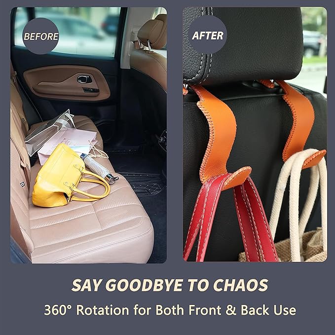 Amooca Car Seat Headrest Hook Universal Vehicle Storage Hanger Leather with Metal Car Seat Back Organizer for Handbag Purse Coat Orange 2 Pack