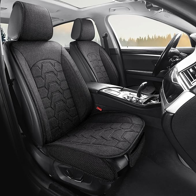 hoozoom Linen car Seat Covers Breathable Cloth Fabric Seat Protector Front seat Covers Universal Fit for 95% Automotive, Car, Van, SUV, Trucks（Black，2PCS）