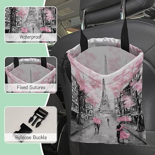 NHNXHWIA Eiffel Tower Car Trash Bag,Paris Oil Painting Hanging Drawstring Car Garbage Bag, Waterproof Canvas Car Back Seat Organizer with Adjustable Buckle, for Vehicles, SUVs, Camping, Road Trips