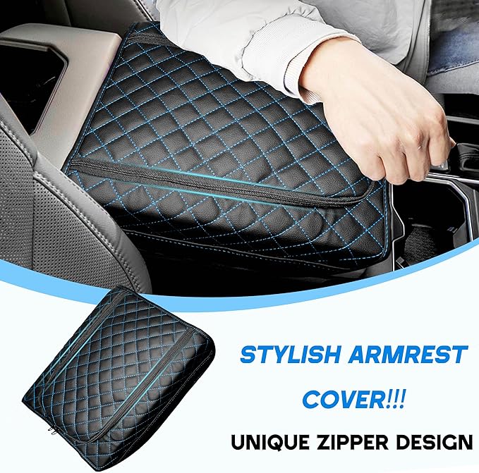SENSHINE Center Console Armrest Cover for Toyota Tundra 2022-2026/Sequoia 2023-2026 Armrest Seat Stroage Box Cushion Lid Protector Pad with Zipper Leather Interior Accessories, Blue Stitches