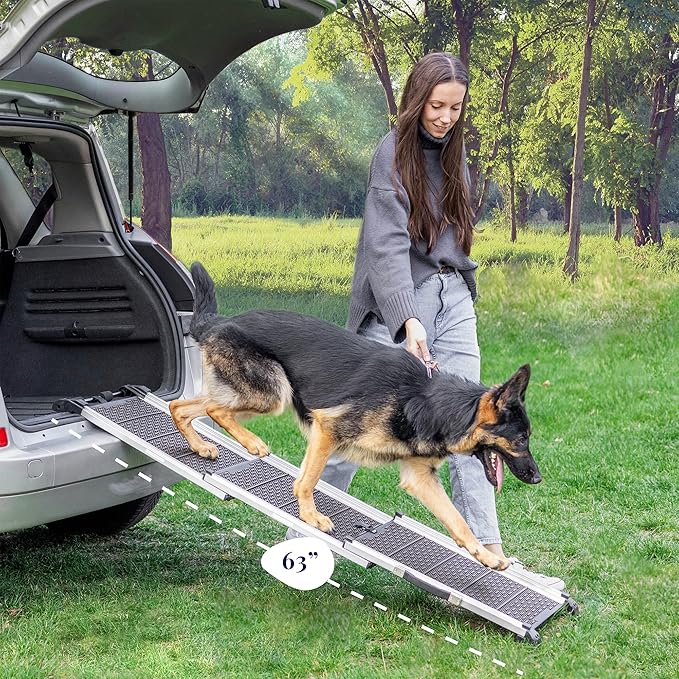 Dog Ramp for Car - Stable Anti-Slip Dog Car Ramp for Large Dogs - 63" Long & 15" Wide - 250LBS Capacity - Telescoping Pet Ramp - Lightweight - Reflective Sides - Fixing Clip - Shadow Gray