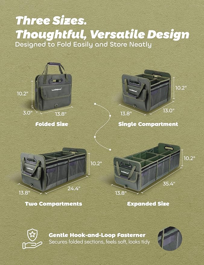 LumiRakuen Collapsible Trunk Organizer For Car with Detachable Lid, Heavy-Duty 1680D fabric, 3.5mm PP Panels, Multi-Compartment, No Sliding Bottom, 2 Adjustable Straps for SUV, Tesla, Truck(XL,Green)