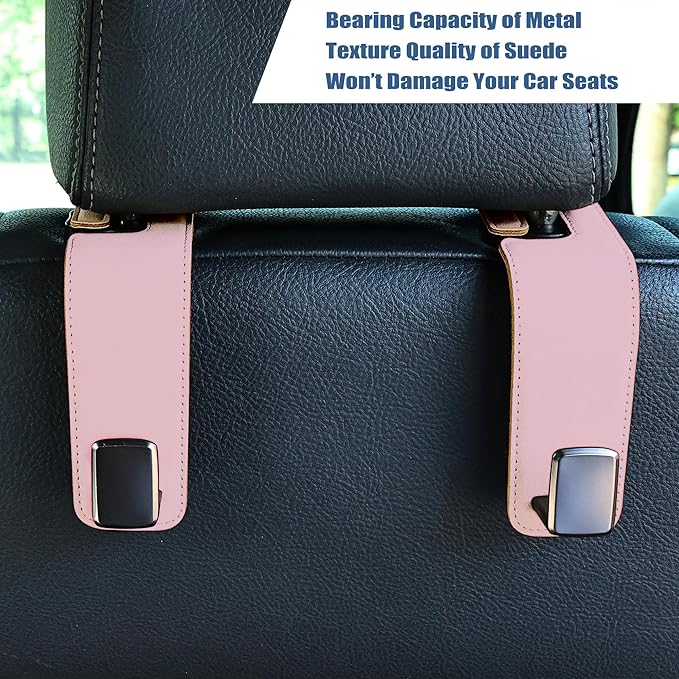 Amooca Car Seat Back Hook Universal Auto Storage Hanger Suede with Metal Car Seat Organizer for Handbag Purse Coat Umbrellas Grocery Bags 2 Pack Pink
