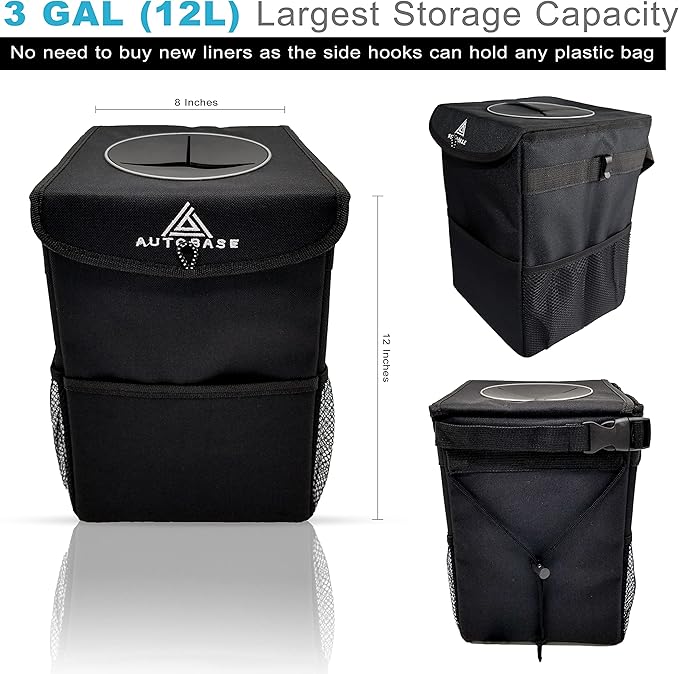 Autobase Trash Can for Car | Truck SUV Trash Bin Large 3 Gallon Size | Road Trip Must Haves | Car Gifts for Dad, Him or Her