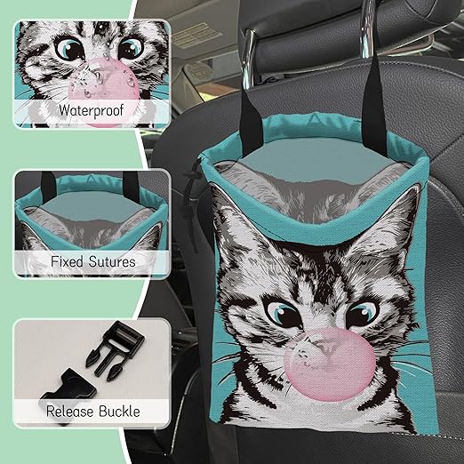 NHNXHWIA Cute Cat Car Trash Bag,Kitten Blow Bubble Gum Hanging Drawstring Car Garbage Bag,Waterproof Canvas Car Back Seat Organizer with Adjustable Buckle,for Vehicles,SUVs,Camping,Road Trips