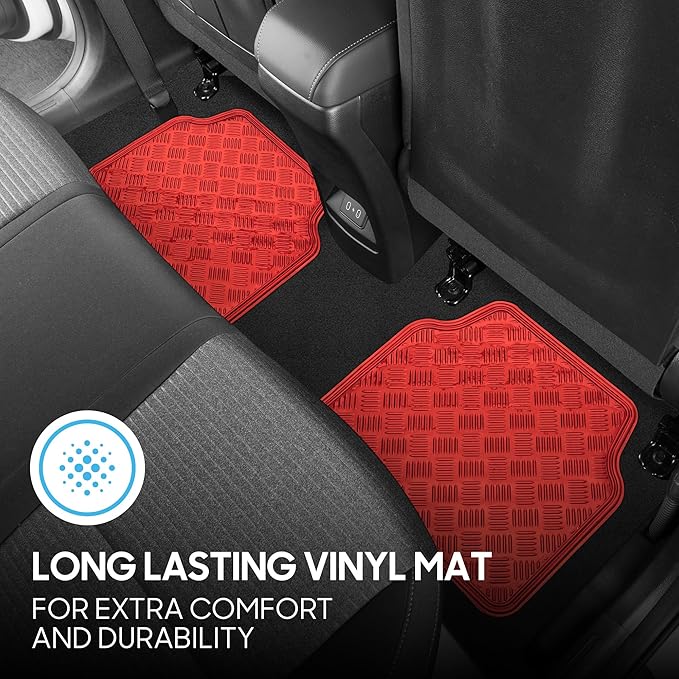 BDK Metallic Chrome Car Floor Mats All-Weather Universal Fit Automotive Floor Mats for Cars SUVs, Floor Mats for Trucks, Car Mats Full Set Front & Rear, Non-Slip Backing - Red