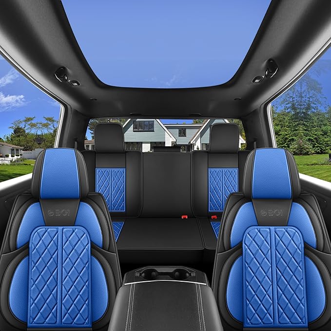 DuDuWang Car Seat Covers Custom Fit for Toyota Tacoma 2016-2023 Breathable Waterproof Faux Leather Protective Seat Cover with Pickup Truck (Black & Blue, Full Set)