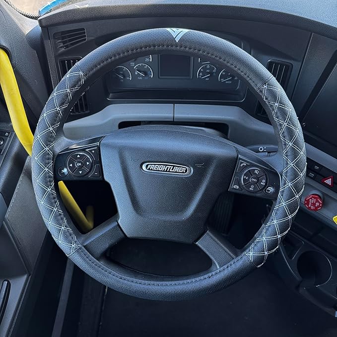 Steering Wheel Cover 18 inch Size Faux Leather Semi Truck, BLACK WITH GREY STITCHING