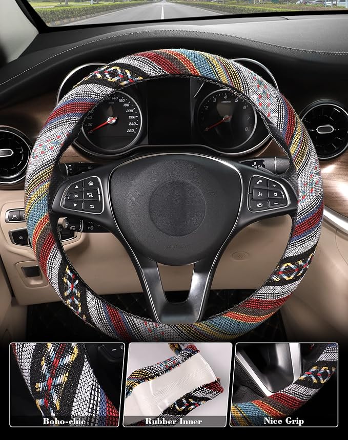 SEG Direct Boho Steering Wheel Cover with Baja Blanket Cloth, Ethnic Style Auto Wheel Cover Made of Coarse Flax, Fits 14 1/2-15 1/4 inches Car Wheel