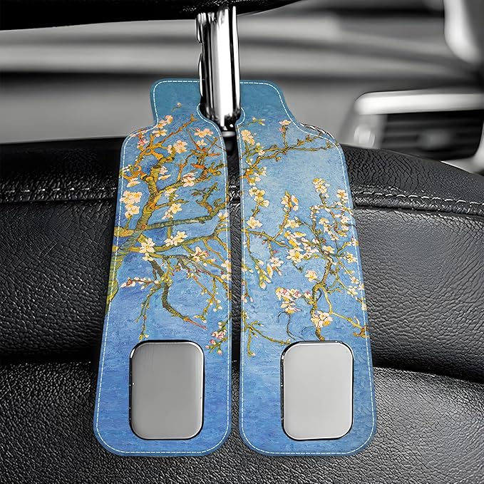 AEWNUNK 1 Pack Car Seat Headrest Hooks for Purses Abstract Blossoming Almond Tree Bag Purse Holder for Car with Double Metal Hooks Car Purse Hanger Hanging Accessories