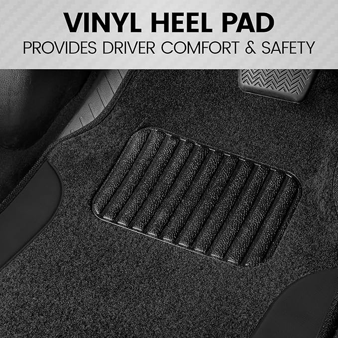 BDK Carpet Floor Mats for Cars, Two-Tone Carpet Car Mat with Faux Leather Accents, Automotive Floor Mat Sets with Built-in Heel Pad, Stylish Interior Car Accessories Black