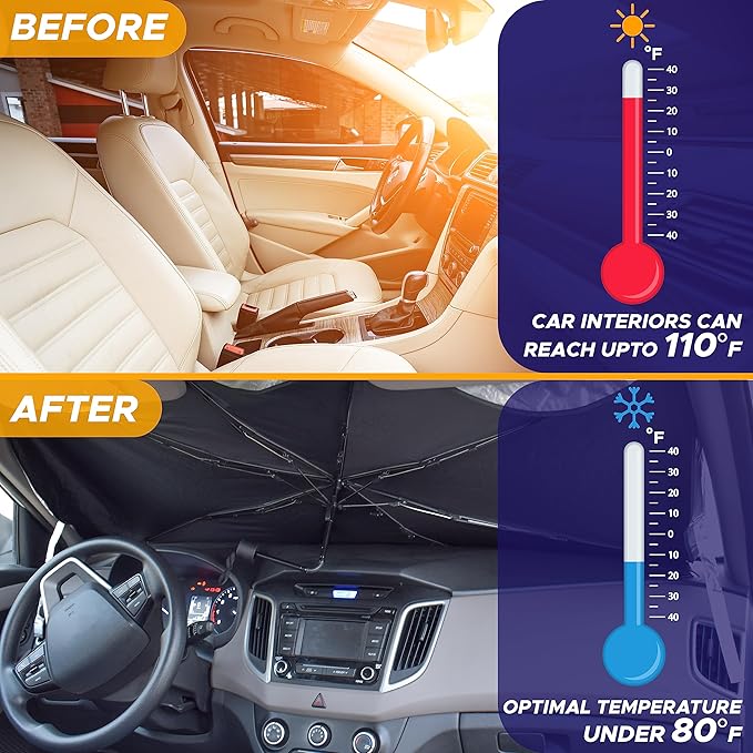 EcoNour Umbrella Windshield Sunshade for Car | Bendable Sun Visor for UV & Interior Protection | Foldable Front Window Sunshade Suitable for Sedan and SUV | Sun Blocker for Car | X-Large (57" x32")