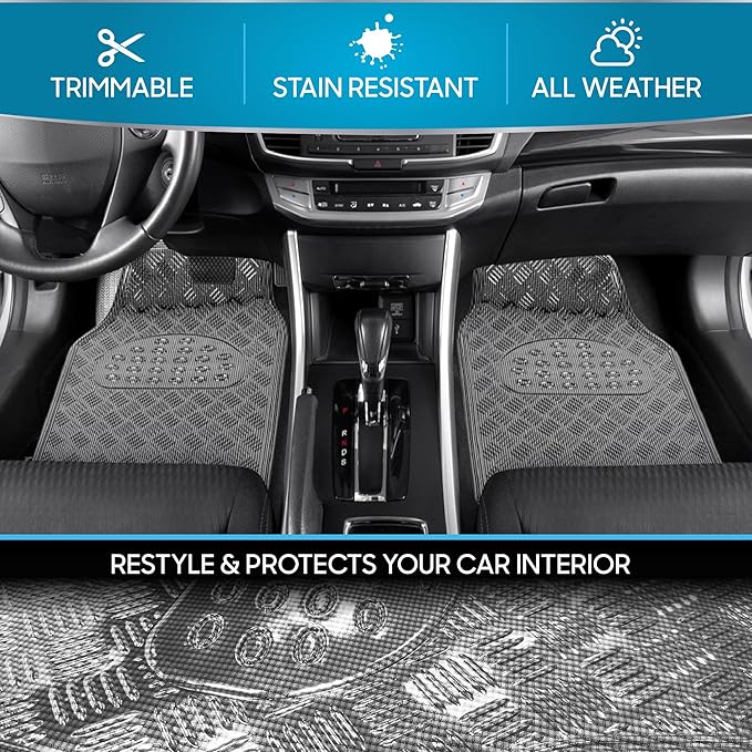 BDK Metallic Chrome Car Floor Mats All-Weather Universal Fit Automotive Floor Mats for Cars SUVs, Floor Mats for Trucks, Car Mats Full Set Front & Rear, Non-Slip Backing - Charcoal