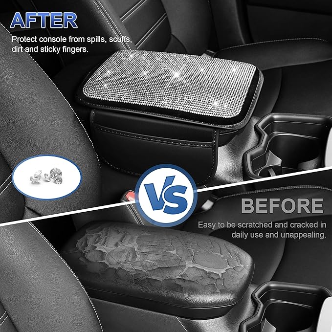 Bling Diamond Car Center Console Cover Custom Fit for Subaru Outback Rhinestone Leather Car Armrest Cover Cushion with 2 Storage Pockets