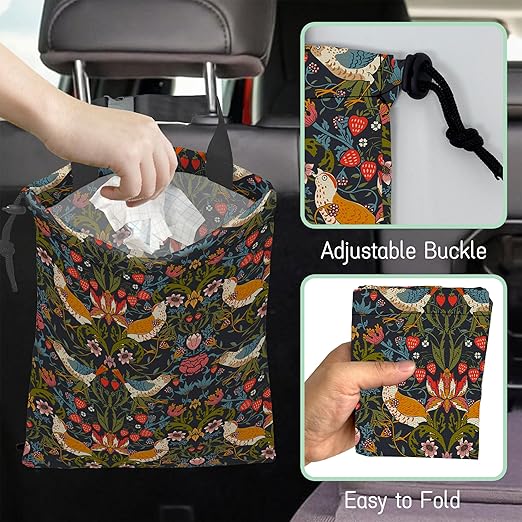 NHNXHWIA Victorian Birds Car Garbage Bag,Berries and Flowers Waterproof Small Car Trash Bag Hanging Back of Seat,Drawstring Hanging Car Trash Bag with Adjustable Buckle for Car Accessories