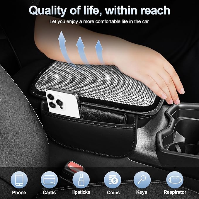 Crystal-Accented Arm Rest Cover for Car Fit for Chevrolet/Chevy Volt Sparkle Console Protector with Side Storeage,Anti-Scratch Auto Armrest Pad Accessory （Black