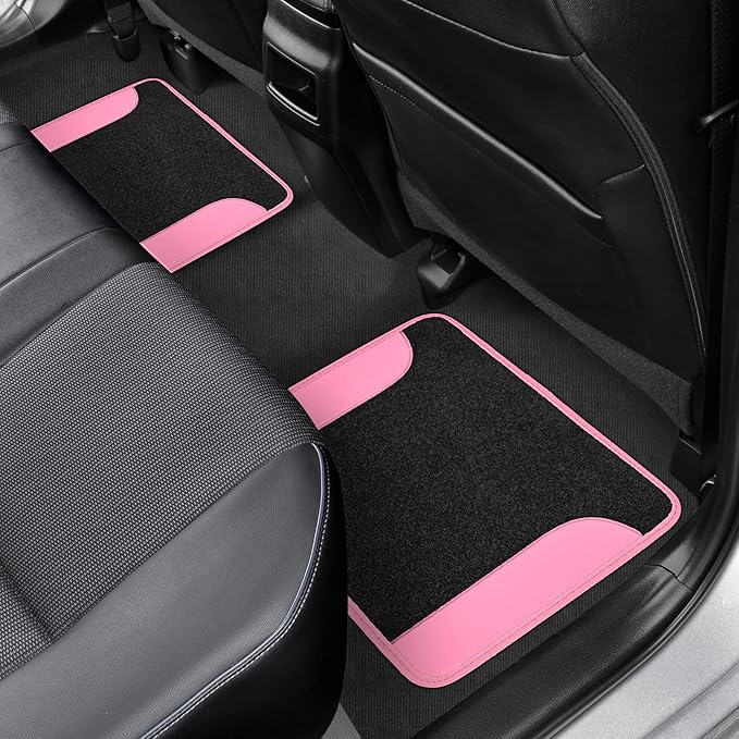 BDK Pink Carpet – Two-Tone Faux Leather Automotive Floor Mats, Included Anti-Slip Features and Built-in Heel Pad, Stylish for Cars Truck Van SUV, MT202