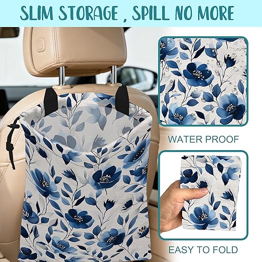 KXWQTRDD Car Trash Bag Watercolor Blue Flowers Leak-Proof Car Garbage Bag with Drawstring Foldable Canvas Trash Bin with Adjustable Buckle for Car Accessories