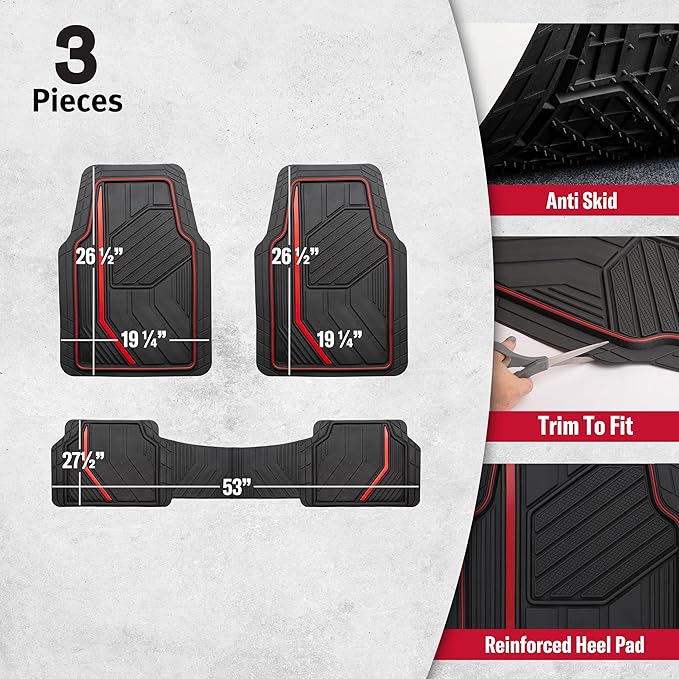 Dickies 3-Piece DuraSport Floor Mats, Heavy-Duty Mats for Cars, Trucks, SUVs — Black/Red