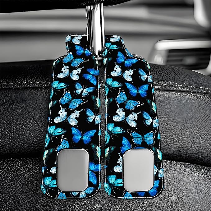 Purse Hook for Car Watercolor Blue Butterflies 1 Pack Headrest Back Seat Hook Premium Leather Double Metal Hanger Storage Pack Bag Purse Holder Car Interior Accessories
