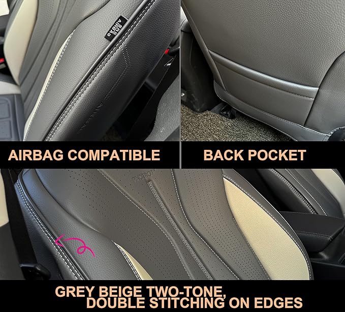 PINCTROT Car Seat Covers Front Set, Breathable Soft Pebbled Leather, Luxury Waterproof Seat Cushion, Airbag Compatible, Seat Protector Universal Fit Most Cars (Front Set, Grey Beige)
