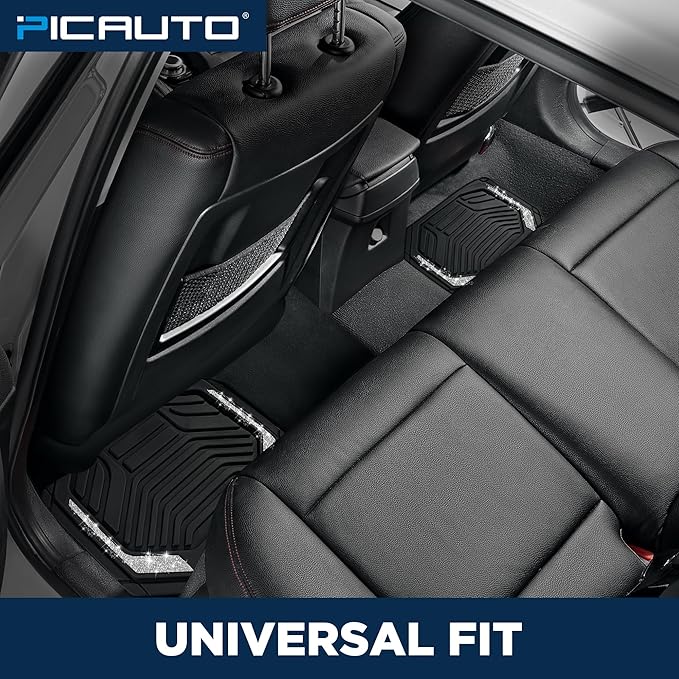 PIC AUTO Car Floor Mats, Silver Sparkly Crystal Bling Glitter Car Mats Set, Front and Rear Heavy Duty Rubber Car Mats with Anti-Slip Backing, All Weather, Trim-to-Fit for SUVs, Trucks, Sedan, Vans