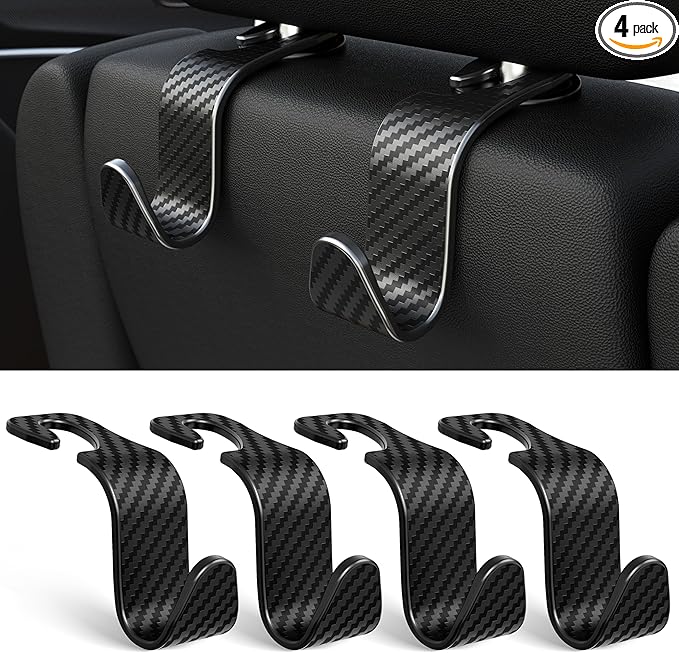 Amooca Car Seat Headrest Hook 4 Pack Hanger Universal Vehicle Car Storage Organizer for Handbag Purse Coat S Type Checkered Black
